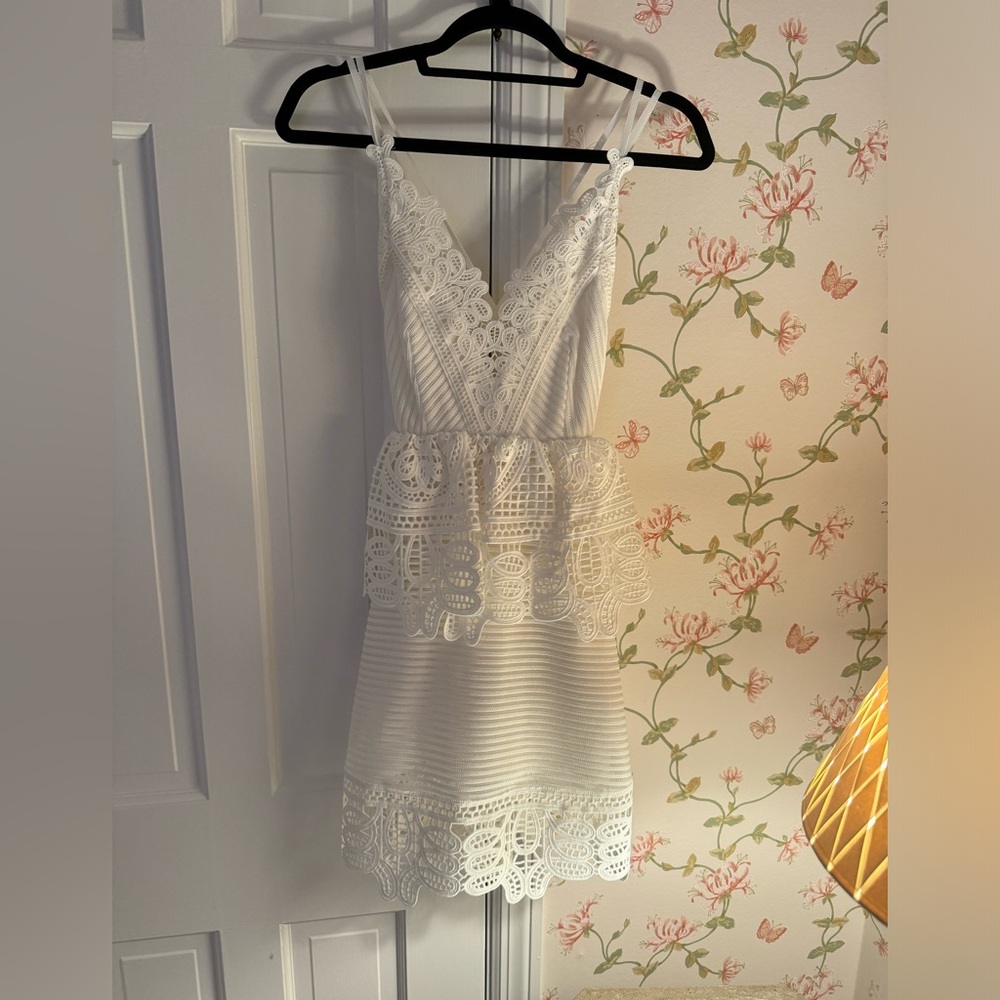Self-Portrait White Lace Peplum Mini Dress